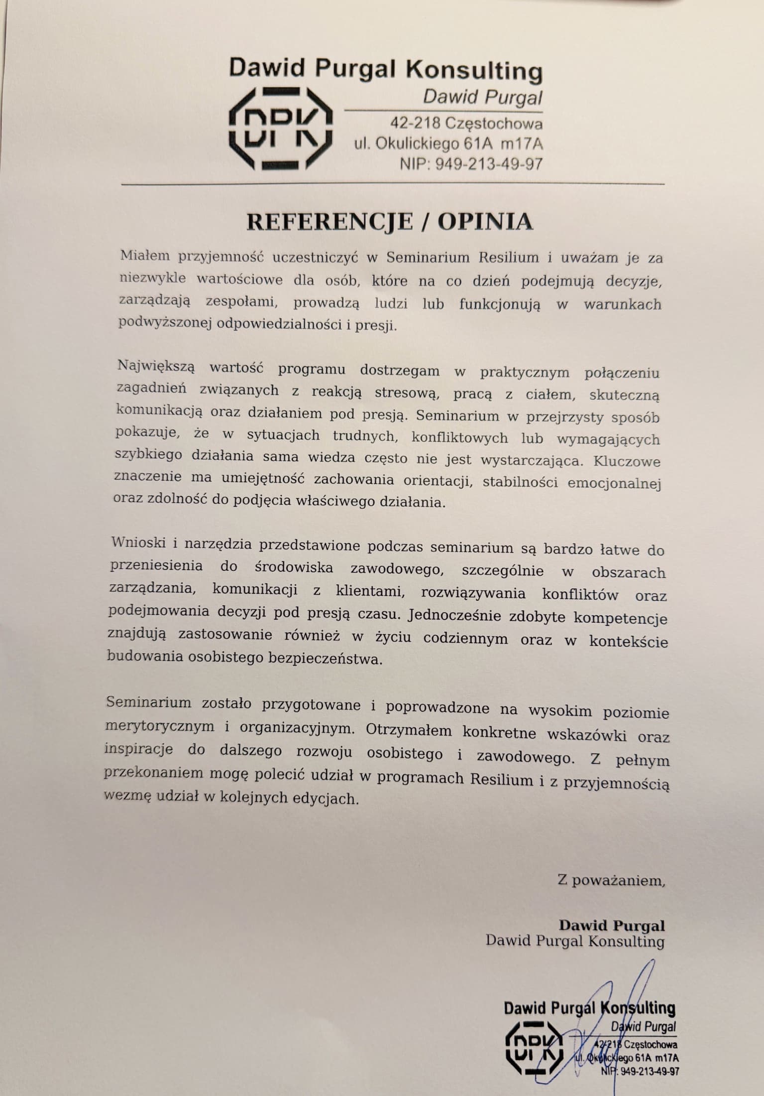 Oryginał dokumentu referencyjnego: Dawid Purgal Consulting